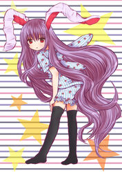  alternate_costume animal_ears bad_id bad_pixiv_id bebitera black_thighhighs bloomers female floral_print hand_on_own_thigh highres hooded_top leaning_forward long_hair looking_at_viewer looking_back no_shoes over-kneehighs pajamas parted_lips purple_hair rabbit_ears red_eyes reisen_udongein_inaba solo star_(symbol) striped_background striped_clothes striped_pajamas thighhighs touhou underwear very_long_hair zettai_ryouiki 