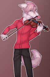  5_fingers anthro borzoi bottomwear bowed_string_instrument canid canine canis claws clothed clothing dipstick_ears domestic_dog dress_shirt ear_markings femboy fingers front_view fully_clothed fur hair holding_musical_instrument holding_object hunting_dog ikazu male mammal multicolored_ears musical_instrument outline pants pink_hair pink_nose playing_music playing_violin portrait shirt short_hair sighthound solo standing string_instrument three-quarter_portrait topwear violin white_body white_fur 