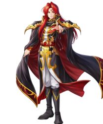  1boy belt black_cape black_coat black_footwear boots cape cape_hold chachie coat commentary evil_smile facial_mark fire_emblem fire_emblem:_genealogy_of_the_holy_war fire_emblem_heroes forehead_mark full_body highres julius_(fire_emblem) lips long_coat long_hair long_sleeves male_focus official_art pants parted_lips pointing pointing_at_viewer red_eyes red_hair shoulder_pads sidelocks smile solo transparent_background white_pants 