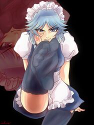  blue_eyes blue_hair blue_legwear feet female garter_straps hand_on_own_face izayoi_sakuya looking_at_viewer maid no_shoes one_leg_raised pov pov_feet sitting soles toes touhou 