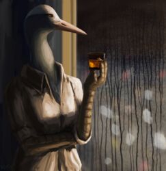  2017 alcohol ambiguous_gender anthro avian beak beverage bird blue_crane breasts brown_eyes caedere cellina_(slither) clothed clothing crane_(bird) digital_media_(artwork) dress_shirt female glass gruiform grus_(genus) hi_res ice inside non-mammal_breasts raining shirt solo topwear whiskey window 