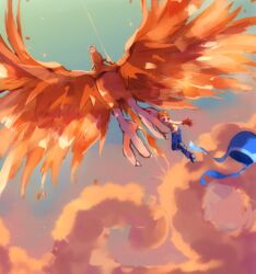  bird birdramon cloud cloudy_sky commentary digimon digimon_(creature) digimon_adventure female flying gloves hat looking_at_viewer mizutani_yuuko natsuki_(aisae) orange_hair short_hair sky takenouchi_sora 