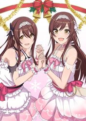  2girls :d bare_shoulders beads bell bow brown_hair commentary_request gradient_skirt hair_between_eyes hairband holding_hands horns idol idolmaster idolmaster_shiny_colors interlocked_fingers long_hair looking_at_viewer multiple_girls namakemono_(u446644k) open_mouth osaki_amana osaki_tenka pink_bow red_bow sash shirt siblings sisters skirt skirt_set smile snowflakes twins white_shirt white_skirt yellow_eyes 