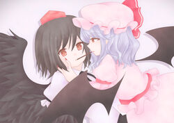  2girls bad_id bad_pixiv_id bat_wings bebitera bird_wings black_hair blouse blue_hair eye_contact fingernails food grey_background hand_on_another&#039;s_shoulder hat hat_ribbon looking_at_another mob_cap multiple_girls nail_polish pocky pocky_kiss puffy_short_sleeves puffy_sleeves red_eyes remilia_scarlet ribbon shameimaru_aya shared_food sharp_fingernails shirt short_hair short_sleeves simple_background skirt skirt_set tokin_hat touhou wings yuri 