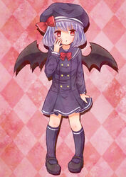  :o alternate_costume argyle_background bad_id bad_pixiv_id bat_wings bebitera bow dress female hand_on_own_face hat hat_ribbon highres kneehighs light_purple_hair long_sleeves looking_at_viewer mary_janes pigeon-toed pink_background red_eyes remilia_scarlet ribbon sailor_dress shadow shoes short_hair skirt_hold socks solo touhou wings 