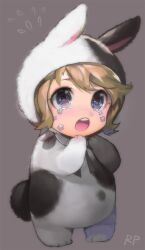  1boy :o androgynous animal_costume blonde_hair blue_eyes commentary_request danganronpa:_trigger_happy_havoc danganronpa_(series) fujisaki_chihiro full_body male_focus open_mouth photoshop_(medium) rabbit_costume repi short_hair simple_background solo tears 