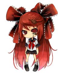  bad_id bad_pixiv_id bow ca_(maeda_koutarou) calne_ca_(deino) chibi crustacean female hair_ribbon hairbow hatsune_miku highres isopod jewelry long_hair looking_at_viewer nail_polish necklace oniyama831 original red_eyes red_hair ribbon saikin_osen_-_bacterial_contamination_-_(vocaloid) school_uniform serafuku simple_background skirt skull_necklace solo twintails very_long_hair vocaloid 