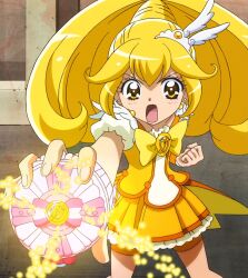  blonde_hair bowtie cure_peace golden_eyes magical_girl screen_capture skirt smile_precure wand yayoi_kise yellow_motif zettai_ryouiki 