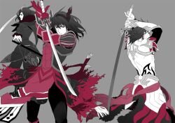  2boys aikana arms_up back black_hair commentary_request dual_persona gaius_(tales) gloves grey_background male_focus manly multiple_boys official_alternate_costume photoshop_(medium) serious spot_color surcoat sword tales_of_(series) tales_of_xillia weapon wingul_(tales) 