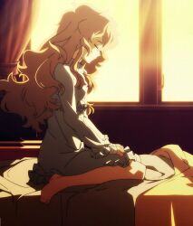  bandages bed black_rock_shooter calm closed_eyes hands_on_knees izuriha_kagari long_hair profile repose screen_capture sheets window 