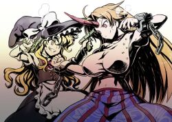  2girls artist_request beans blonde_hair breasts chains clenched_hand dual_wielding gradient_background grin gun handgun hat holding horns hoshiguma_yuugi huge_breasts kirisame_marisa long_hair mexican_standoff multiple_girls navel photoshop_(medium) red_eyes single_horn smile smoke touhou weapon witch_hat yellow_eyes 