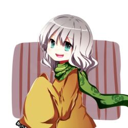  :d bad_id bad_pixiv_id female floral_print green_eyes green_scarf grey_hair komeiji_koishi long_sleeves no_headwear open_mouth print_scarf scarf shirt short_hair skirt sleeves_past_wrists smile solo striped striped_background touhou uiroutsuji_yumihiko vertical_stripes yellow_shirt 