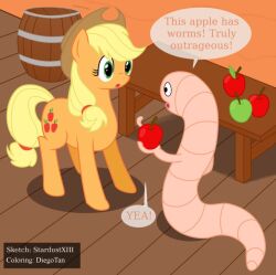  ambiguous_gender apple applejack_(mlp) arthropod barrel better_version_at_source blonde_hair clothing cutie_mark dialogue diegotan english_text equid equine female feral food friendship_is_magic fruit furniture hair hasbro hat headgear headwear hooves horse insects mammal mane my_little_pony plant pony shadow stardustxiii table text wood worm 