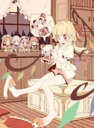  :&lt; absurdres animal_slippers barefoot bat_wings blonde_hair bloomers blue_hair blush book box braid character_doll cheek_pull closed_eyes container crescent curtains dog_slippers dress_shirt flandre_scarlet flat_chest flat_color forest full_moon glasses hair_ribbon hat hat_ribbon head_wings highres hong_meiling indoors izayoi_sakuya koakuma lolicon long_hair midriff moon nature navel night no_pants on_box open_clothes open_mouth open_shirt patchouli_knowledge pointy_ears purple_hair red_eyes red_hair remilia_scarlet ribbon shirt shoe_dangle short_hair side_ponytail silver_hair sitting sitting_on_box sitting_on_object skirt skirt_set sky slippers solo star takahero touhou twin_braids underwear vest window wings |_| 