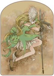  blonde_hair closed_eyes commentary_request elbow_gloves female gloves long_hair low-tied_long_hair melon_kikkoro polearm riesz seiken_densetsu seiken_densetsu_3 shoes solo trident very_long_hair weapon winged_footwear wings 