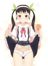  absurdres ass_visible_through_thighs backpack bad_id bad_pixiv_id bag black_hair clothes_lift female flat_chest front-print_panties green_ribbons hachikuji_mayoi hair_ribbon highres hiiragi_kagami katou_emiri long_hair lucky_star monogatari_(series) navel nisemonogatari panties print_panties purple_eyes ribbon shouin skirt skirt_lift solo twintails underwear voice_actor_connection 