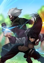  1boy battle black_hair black_mask breasts byakugan commentary commission energy english_commentary female fighting_stance fishnets forehead_protector grey_hair hatake_kakashi hyuuga_hinata jacket long_hair mask medium_breasts mouth_mask naruto_(series) naruto_shippuuden ninja ninja_mask no_bra no_pupils unmoving_pattern uzumaki_symbol vashperado veins white_eyes 