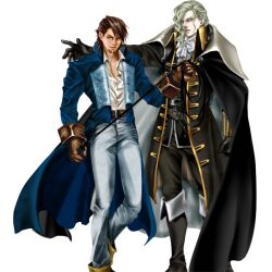  2boys alucard_(castlevania) alucard_(castlevania)_(cosplay) ascot boots brown_eyes brown_hair cape castlevania:_symphony_of_the_night castlevania_(series) commentary_request cosplay crossover crouton256 gloves grey_hair hair_ornament hairclip kaburagi_t._kotetsu lips long_coat long_hair look-alike multiple_boys parody richter_belmont richter_belmont_(cosplay) tiger_&amp;_bunny whip yuri_petrov 