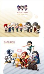  6+boys 6+girls artoria_pendragon_(fate) assassin_(fate/zero) berserker_(fate/zero) bull ccs_akimi chibi commentary_request copyright_name diarmuid_ua_duibhne_(lancer)_(fate) dual_wielding eating emiya_kiritsugu everyone excalibur_(fate/stay_night) fate/zero fate_(series) food food_on_face gae_buidhe_(fate) gae_dearg_(fate) gilles_de_rais_(caster)_(fate) highres hisau_maiya holding illyasviel_von_einzbern irisviel_von_einzbern iskandar_(fate) kayneth_el-melloi_archibald kotomine_kirei mapo_tofu mask matou_kariya matou_sakura mercury_(element) multiple_boys multiple_girls pantyhose photoshop_(medium) pocky saber_(fate) sola-ui_nuada-re_sophia-ri sweatdrop tears thighhighs tohsaka_rin tohsaka_tokiomi uryuu_ryuunosuke volumen_hydragyrum_(fate) waver_velvet 