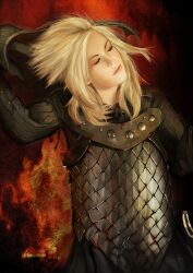  absurdres armor blonde_hair commentary_request female fire highres knight lips lipstick long_hair luan_(ares6792) makeup original pale_skin photoshop_(medium) realistic removing_helmet solo 