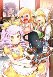  1boy 3girls :&lt; alternate_costume androgynous apron baking beatrice_(umineko) black_hair blonde_hair blue_eyes blush bowl candy chocolate commentary_request dlanor_a._knox drill_hair drooling feline food frederica_bernkastel frederica_bernkastel_(cat) fruit furudo_erika hand_on_window head_scarf heart heart-shaped_chocolate kl_(dgzonbi) long_hair multiple_girls oerba_yun_fang open_mouth photoshop_(medium) pink_hair ponytail ribbed_sweater ribbon saliva strawberry sweater tail tail_ornament tail_ribbon tiered_tray twin_drills twintails umineko_no_naku_koro_ni ushiromiya_lion valentine wavy_mouth whisk yellow_eyes 