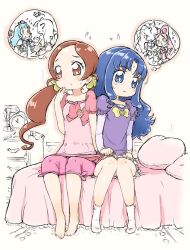  2girls blue_eyes blue_hair bow brooch brown_eyes brown_hair commentary_request cure_blossom cure_marine hanasaki_tsubomi heart heart_brooch heartcatch_precure! imagining jewelry kurumi_erika long_hair multiple_girls partially_colored pink_bow precure randou yuri 