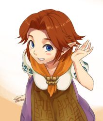  alternate_hair_length alternate_hairstyle apron bad_id bad_pixiv_id bent_over blue_eyes blush_stickers brown_hair female grin malon pointy_ears scarf shiwashiwa_no_kinchakubukuru short_hair skirt smile solo the_legend_of_zelda the_legend_of_zelda:_ocarina_of_time waist_apron 