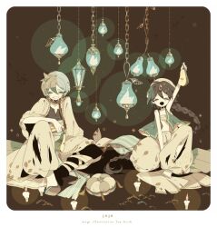  2boys aladdin_(magi) ali_baba_saluja arabian_clothes bad_id bad_pixiv_id baggy_pants blonde_hair braid brown_hair candle closed_eyes food fruit lamp magi_the_labyrinth_of_magic male_focus multiple_boys open_mouth pants pear pillow shikimi_(yurakuru) single_braid sitting torn_clothes vest 