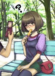  ? bad_id bad_pixiv_id bag bench blush bob_cut brown_hair camera_phone camisole camisole_over_clothes cellphone cellphone_photo female food glasses green_eyes handbag miniskirt original park park_bench phone popsicle red-framed_eyewear riry sexually_suggestive short_hair sitting skirt thighhighs zettai_ryouiki 