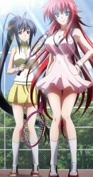  brown_hair exterior fencing highschool_dxd himejima_akeno long_hair looking_at_viewer ponytail red_hair rias_gremory screen_capture sun_glare tennis_rackets tennis_uniform 