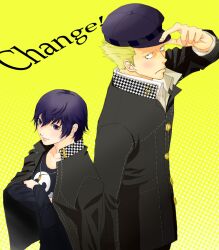  1boy androgynous bad_id bad_pixiv_id blazer blonde_hair blue_hair blush cabbie_hat cosplay crossed_arms female hat jacket jewelry looking_at_viewer necklace okiku_(ape_dos) persona persona_4 reverse_trap school_uniform shirogane_naoto shirogane_naoto_(cosplay) short_hair skull tatsumi_kanji tatsumi_kanji_(cosplay) 