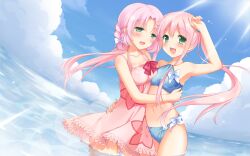  2girls :d bikini blue_bikini blush bow bow_bikini braid breast_press breasts cafe_sourire cloud cloudy_sky collarbone day dress eyes_visible_through_hair green_eyes halterneck highres hug lens_flare light_rays long_hair medium_breasts mizushima_kasumi mizushima_serika multiple_girls navel ocean open_mouth outdoors pan_(mimi) pink_dress pink_hair siblings sisters sky smile sunbeam sunlight swimsuit twintails very_long_hair wading water 