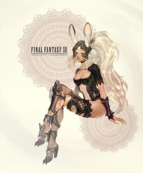  animal_ears armor breasts cleavage commentary_request copyright_name crossed_legs dark-skinned_female dark_skin doily female final_fantasy final_fantasy_xii fran_(ff12) high_heels j_(onose1213) long_hair medium_breasts ponytail rabbit_ears revealing_clothes shoes sitting solo viera white_hair 