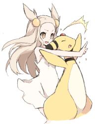  :d ampharos blonde_hair closed_eyes commentary_request dress female hair_bobbles hair_ornament jasmine_(pokemon) nakamura_sandayo open_mouth pokemon pokemon_(creature) pokemon_gsc simple_background smile sparkle standing sundress two_side_up white_background yellow_eyes 