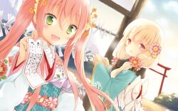  2girls :d blonde_hair blush cafe_sourire cuteg flower frills green_eyes hair_flower hair_ornament highres japanese_clothes kimono long_hair looking_at_viewer mizushima_serika multiple_girls obi oerba_yun_fang ogiwara_kyouko omikuji open_mouth pink_hair red_eyes sash smile torii twintails 