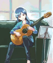  acoustic_guitar aida_yuu blue_eyes blue_hair blue_shirt commentary_request couch female guitar idolmaster idolmaster_(classic) instrument kisaragi_chihaya light_smile long_hair music_stand photoshop_(medium) shirt sitting smile solo 