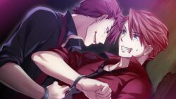  2boys black_battler blood blue_eyes cuffs dark_persona dual_persona ekusa_takahito game_cg handcuffs multiple_boys ougon_musou_kyoku red_hair umineko_no_naku_koro_ni ushiromiya_battler 