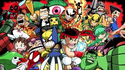  6+boys amaterasu_(ookami) animal_print armor baseball_bat bat_print black_hair blue_eyes breasts brown_eyes bruce_banner capcom chains claws cleavage colored_skin commentary_request crossover dead_rising deadpool deadpool_(series) frank_west ghost_rider green_eyes green_hair green_skin gyakuten_saiban headband hulk iron_fist_(marvel) lance makaimura marvel marvel_vs._capcom marvel_vs._capcom_3 mask medium_breasts mega_man_(series) mega_man_legends_(series) modok morrigan_aensland multiple_boys multiple_crossover naruhodou_ryuuichi nemesis_(resident_evil) okami outstretched_arms pantyhose pointing polearm print_pantyhose rariatto_(ganguri) resident_evil ryu_(street_fighter) short_hair shuma_gorath sir_arthur_(makaimura) spider-man spider-man_(series) street_fighter tron_bonne_(mega_man) vampire_(game) weapon wolverine_(x-men) x-men 