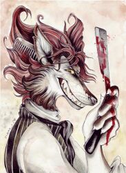  blood bodily_fluids brush bust_portrait canid canine canis clothing comb derivative_artwork hair hairbrush insane looking_at_viewer mammal portrait profile razor red_eyes red_hair ring shirt signature smile solo sweeney_todd tavington tools topwear wolf 