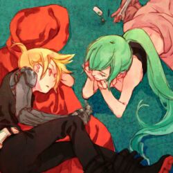  1boy artist_request automail blonde_hair cosplay edward_elric edward_elric_(cosplay) female fullmetal_alchemist green_hair hatsune_miku kagamine_len long_hair lowres lying mechanical_arms on_side on_stomach single_mechanical_arm vocaloid winry_rockbell winry_rockbell_(cosplay) wrench 