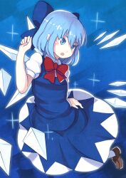  bad_id bad_pixiv_id blue_background blue_bow blue_dress blue_eyes blue_hair bow bowtie breasts brown_footwear cirno detached_wings dress female foot_out_of_frame hair_between_eyes hairbow nosuku open_mouth pinafore_dress red_bow red_bowtie shirt shoes short_hair sleeveless sleeveless_dress small_breasts solo touhou white_legwear white_shirt wings 