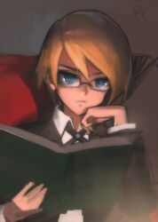  1boy bad_id bad_pixiv_id blonde_hair blue_eyes book cross_tie danganronpa:_trigger_happy_havoc danganronpa_(series) glasses male_focus photoshop_(medium) reading repi short_hair solo swept_bangs togami_byakuya upper_body 