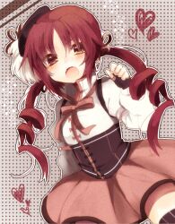  bad_id bad_pixiv_id blush corset cosplay drill_hair fangs female fingerless_gloves gloves hair_ribbon hat long_hair magical_girl mahou_shoujo_madoka_magica mahou_shoujo_madoka_magica_(anime) nochita_shin red_eyes red_hair ribbon sakura_kyoko shirt skirt solo striped_clothes striped_thighhighs thighhighs tomoe_mami tomoe_mami_(cosplay) tomoe_mami_(magical_girl) twin_drills twintails zettai_ryouiki 