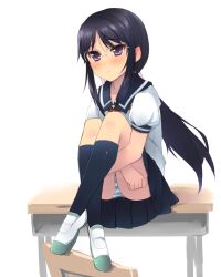  black_hair black_socks blush desk female glasses hugging_own_legs kneehighs long_hair looking_at_viewer muroto_aki neckerchief panties pantyshot parted_lips photokano pleated_skirt purple_eyes school_uniform serafuku shin_(new) shoes sitting skirt socks solo striped_clothes striped_panties underwear 