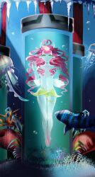  against_glass bad_blogspot_id bad_id bad_link commentary female fish green_eyes highres horns icicle jellyfish long_hair microskirt nichimori_wataru original pink_hair skirt solo submerged topless wavy_hair 