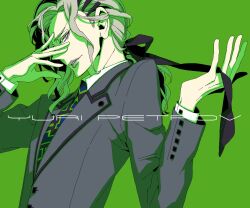  1boy character_name commentary_request formal green_background green_theme grey_hair hair_ornament hair_ribbon hairclip hand_on_own_face hoshino_lily lips long_hair male_focus necktie ponytail ribbon solo suit tiger_&amp;_bunny yuri_petrov 