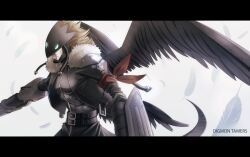  1boy arm_cannon bad_id bad_pixiv_id beelzebumon beelzebumon_blast_mode belt black_wings blonde_hair buckle closed_mouth coat colored_skin copyright_name digimon digimon_(creature) digimon_tamers falling_feathers feathers from_side fur_coat gauntlets green_eyes grey_skin hajime_(hajime-ill-1st) letterboxed male_focus monster short_hair shoulder_pads solo tail third_eye typo weapon wings 