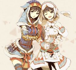  2girls armor arzuros_(armor) black_hair chinese_commentary commentary_request gauntlets gloves hood hoodie izumi_(nagashi) lagombi_(armor) monster_hunter_(character) monster_hunter_(series) monster_hunter_portable_3rd multiple_girls one_eye_closed photoshop_(medium) thighhighs 