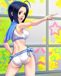  ahoge ass bikini blue_hair bow bowtie breasts commentary_request female idolmaster idolmaster_(classic) medium_breasts miura_azusa muhi11234 open_mouth pointing red_eyes sailor_bikini sailor_collar sailor_swimsuit_(idolmaster) shiny_skin skindentation solo star_(symbol) swimsuit white_bikini 