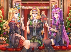  3girls alice_margatroid alternate_costume blonde_hair blue_eyes blush book bow braid breasts commentary_request crescent crescent_hair_ornament cup drinking_glass flower gryffindor hair_ornament hairband hairbow harry_potter_(series) hogwarts_school_uniform impossible_clothes impossible_shirt kirisame_marisa large_breasts long_hair matching_shanghai multiple_girls no_headwear open_mouth patchouli_knowledge purple_eyes purple_hair ravenclaw ribbon robe school_uniform shanghai_doll shirt slytherin smile touhou vetina wine_glass wizarding_world yellow_eyes 